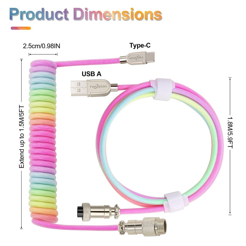 USB C Keyboard Coiled Cable Braided Detachable Aviator Double Sleeve White gallery