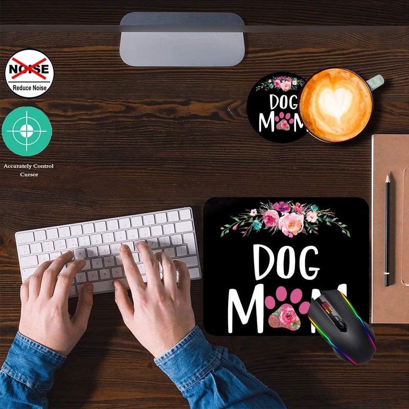 Gaming Mouse Pad and Coasters Set, Dog Mom Floral Design Mousepad, Non-Slip R... gallery