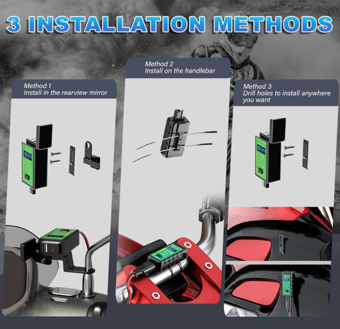 12V/24V Motorcycle Waterproof Phone Charger 4.8A, SAE to USB Adapter + Voltmeter gallery