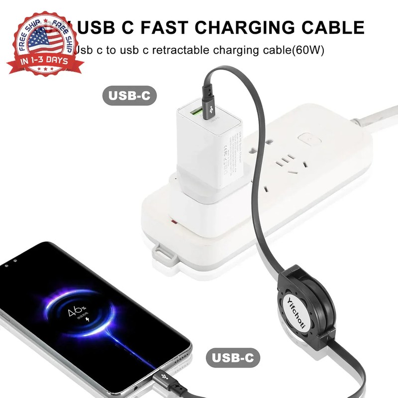 3 Pack PD 60W Retractable Charging Cable and Data Transfer, Type C to C Charger gallery