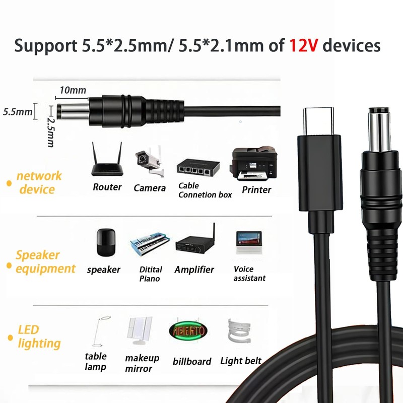USB C to DC 5.5mm x 2.1mm Power Cord, 5ft USB Type C Input to DC 12V Output P... gallery