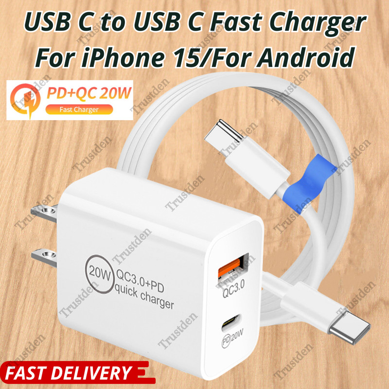 For Android iPhone 15 Pro Fast Charger USB Type C Cable PD 20W QC Power Adapter