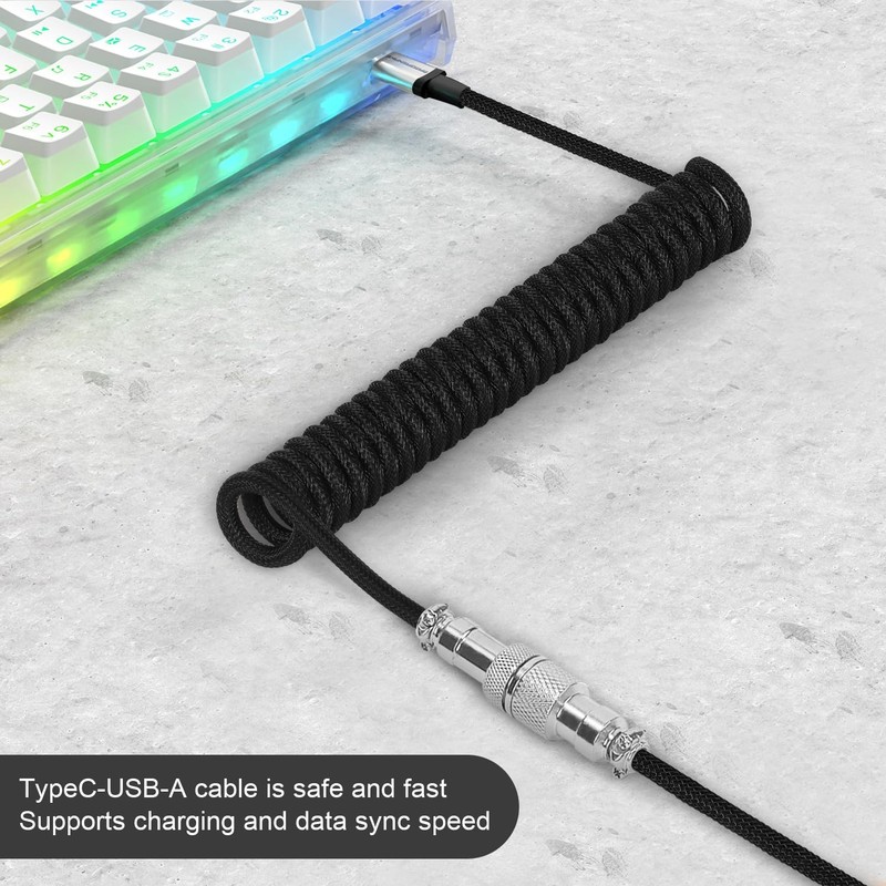 Coiled Mechanical Keyboard Cable USB C to A with Detachable Aviator Black gallery