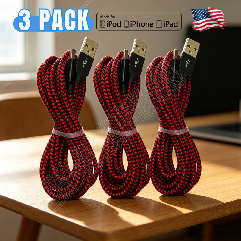 3X Braided USB Charger Cable Data Cord 10FT Heavy Duty For iPhone 14 13 12 11 8