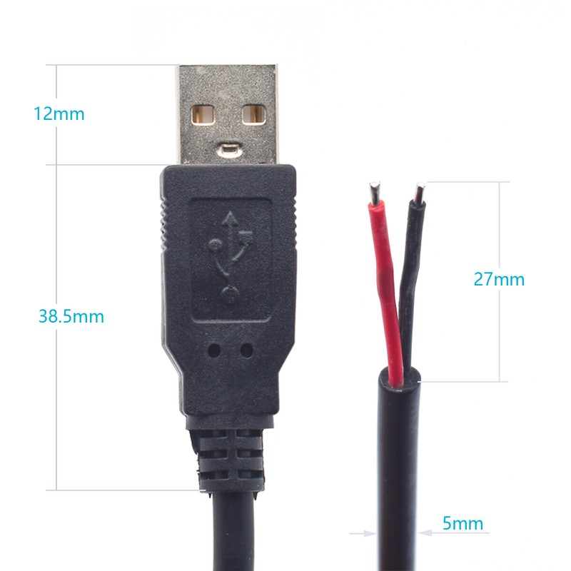 5x USB2.0 Male Pigtail Cable 18AWG 0.3M/1FT 5V7A 2-Pin Bare Wire DIY Connector gallery