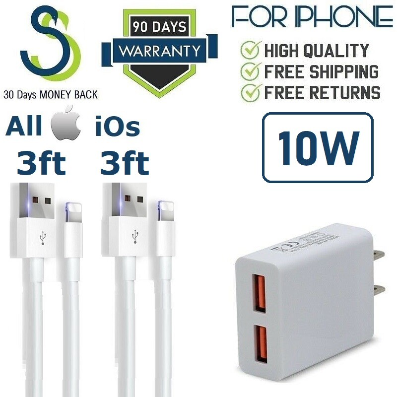 2 3ft USB Cable + 1 10W Dual Port Wall Charger For Iphone 6,7,8,X,XS,XR,11 [SS10