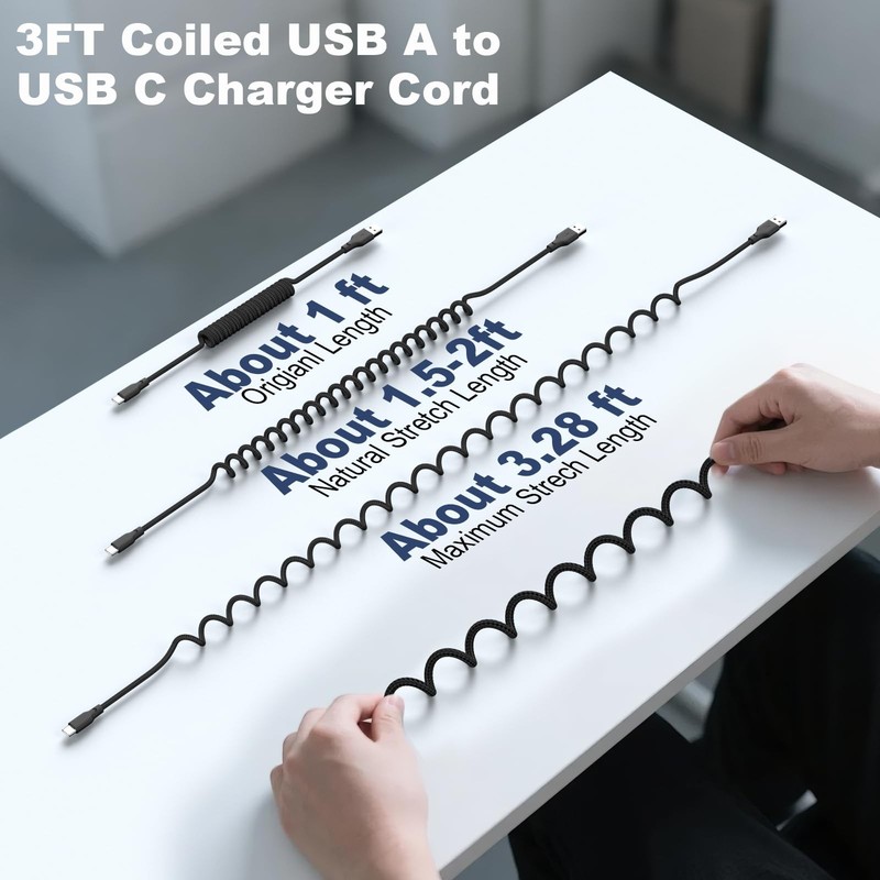 Coiled Car Carplay Charger Fast Charging，[2-Pack, 3Ft] Retractable Braid USB ... gallery