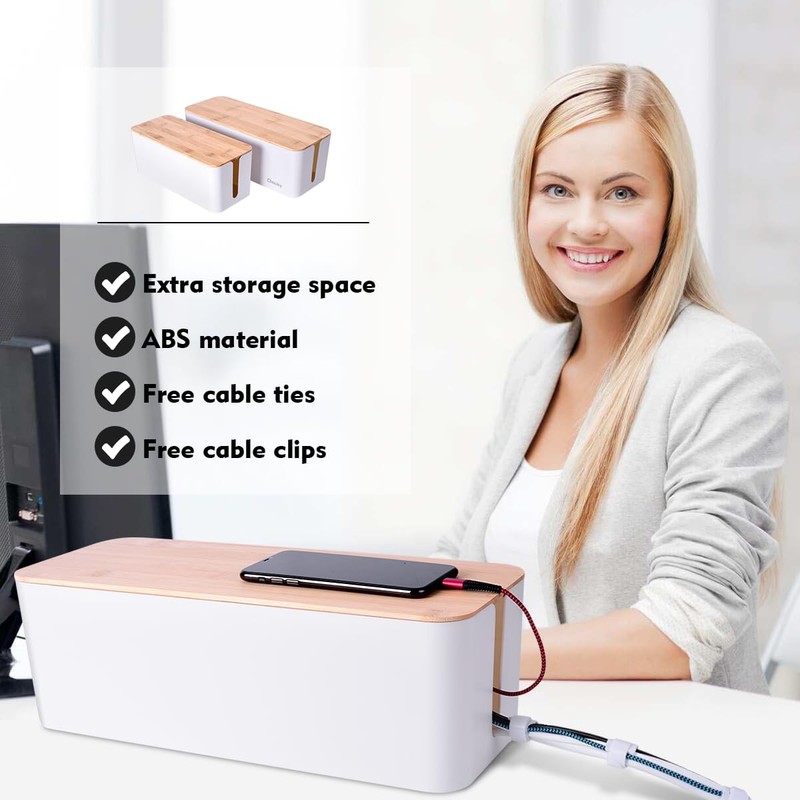 2 Pack Large Cable Management Box – Wooden Style Cord Organizer 2 Pack, White gallery