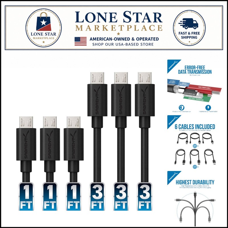 Fast Charging 6-Pack Micro USB Cables – 3ft & 1ft for Devices & Peripherals