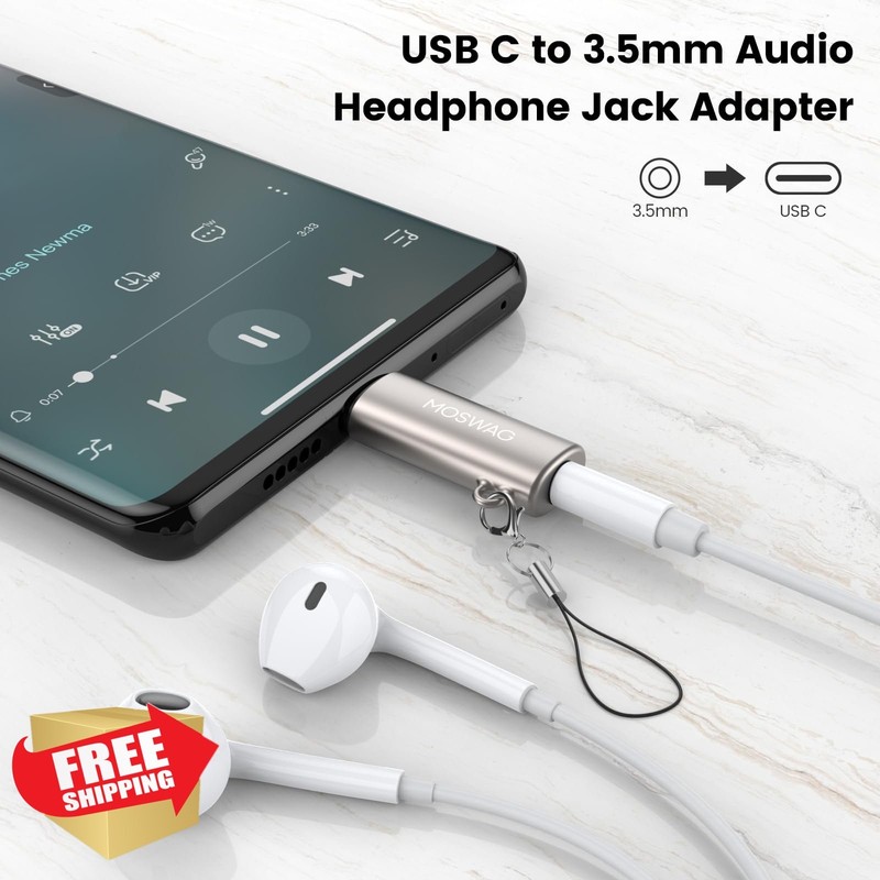 MOSWAG USB C to 3.5mm Headphone Adapter DAC Audio Dongle Aux Cable