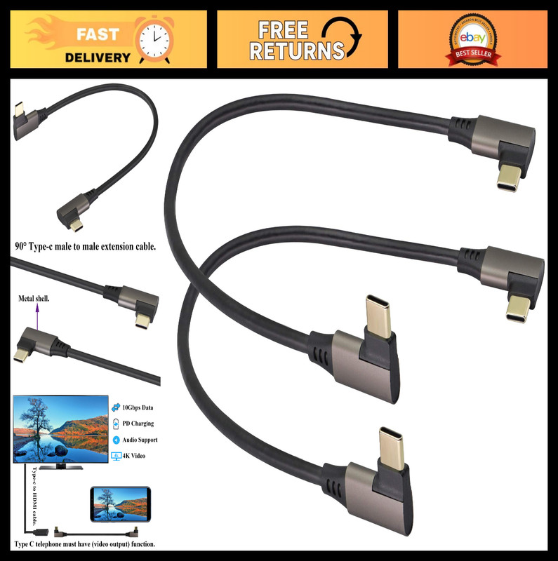 Right Angle USB C to USB C 3.1 Gen 2 Fast Charging Cable – Type C Male to Male (