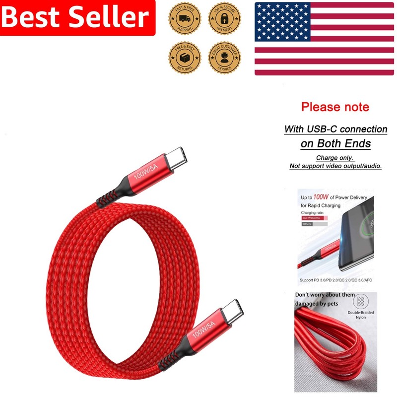 USB C Cable 15FT Red Nylon Braided 100W Fast Charge Type-C Cord MacBook Galaxy