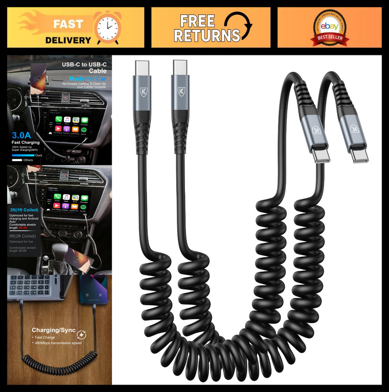 Coiled USB C to C Charger Cable 3ft 2-Pack – Fast Charging for iPhone & Samsung