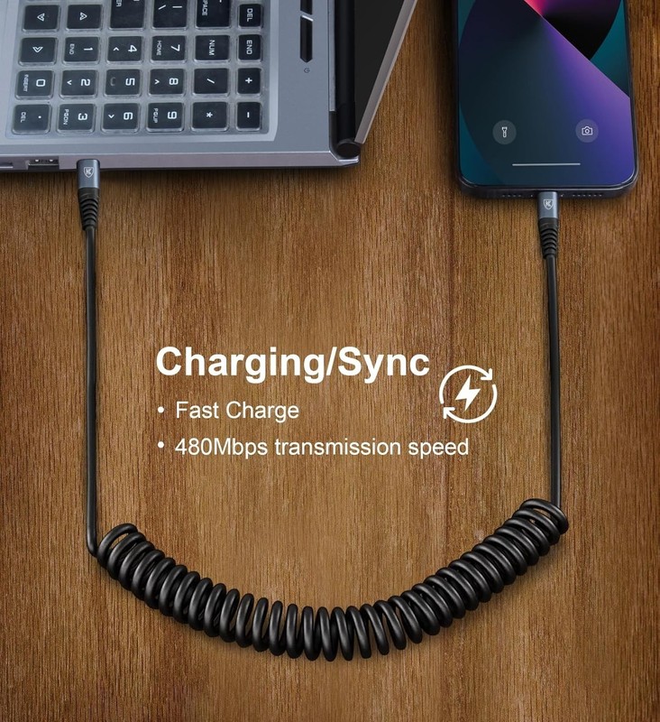 USB C to USB C Coiled Cable 60W Fast Charging For Car 3FT 2 Pack gallery