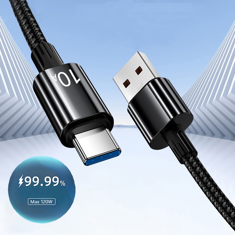 120W Braided Cable Phone Fast Lead Charger USB to Type-C Black Wire 10A