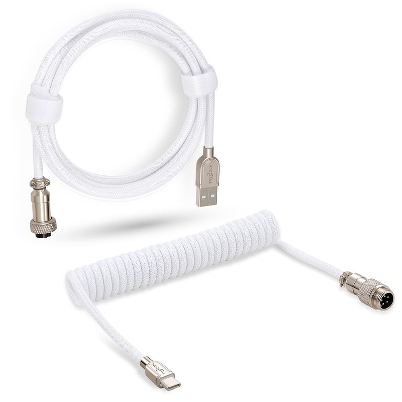 USB C Keyboard Coiled Cable Braided Detachable Aviator Double Sleeve White