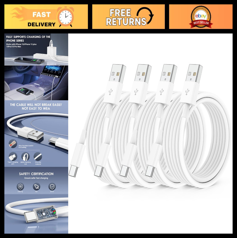 4 Pack 10FT USB C Fast Charging Cable for iPhone 15/16/17, Galaxy S24/S25, iPad