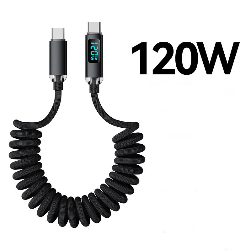 C-C, USB-C Spring Coil Cable Braided Fast Phone Lead Charger 120W Power Display gallery