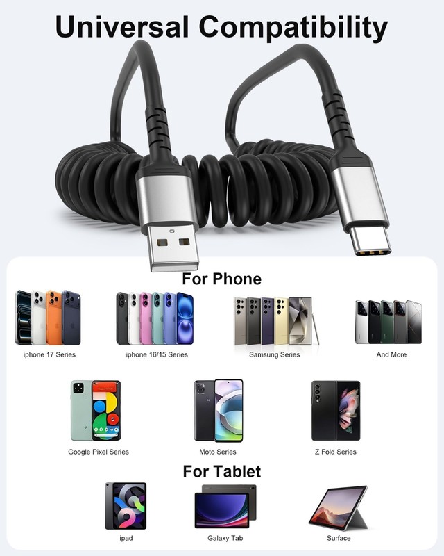 Coiled USB A to USB C Cable 2-Pack, 3ft Fast Charging for Android Auto & CarPlay gallery