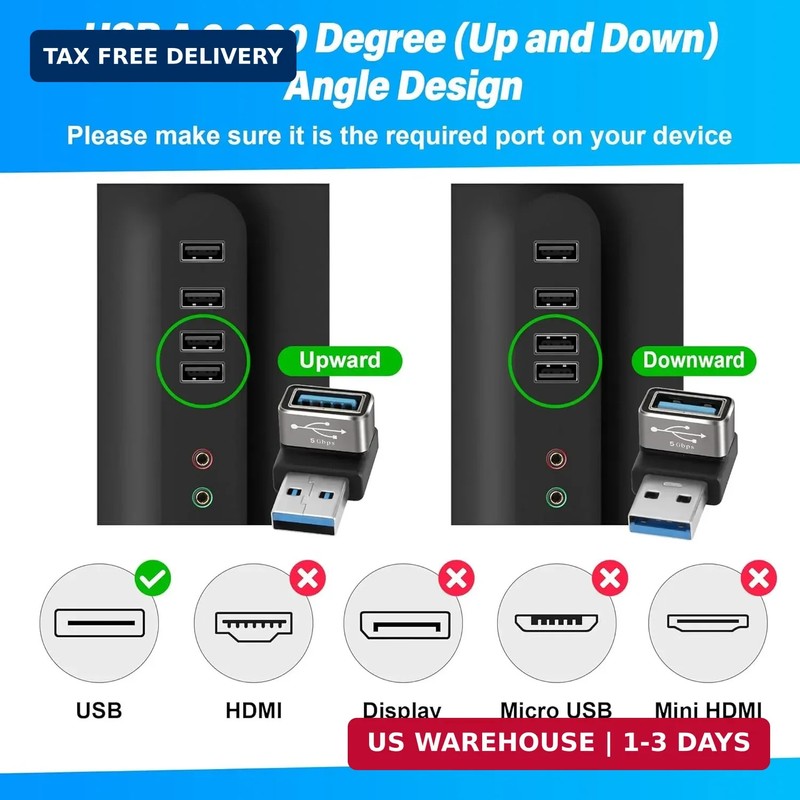 90 Degree USB 3.0 Adapter 2 Pack, (Up and Down) Right Angle USB Type-A Male to F gallery
