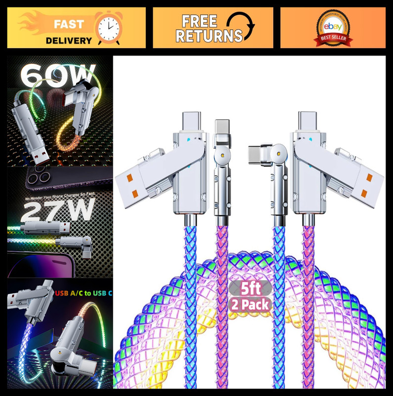 2-Pack 5ft LED USB-C Charging Cable – RGB Color Changing Type C Charger for iPho