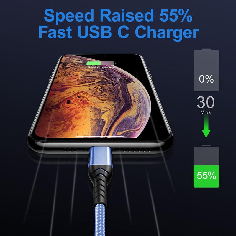 2 PCS 10ft USB C To USB C Cable 100W Fast Charger Cord Blue Data Transfer gallery