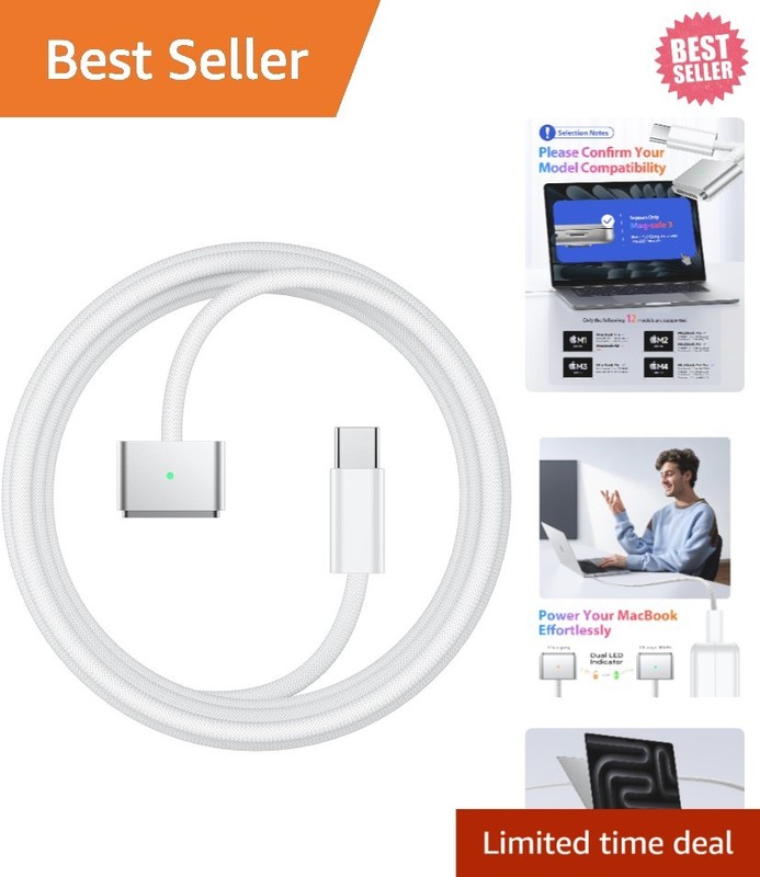 6ft Durable Braided USB-C to MagSafe 3 Cable with Secure Magnetic Connection