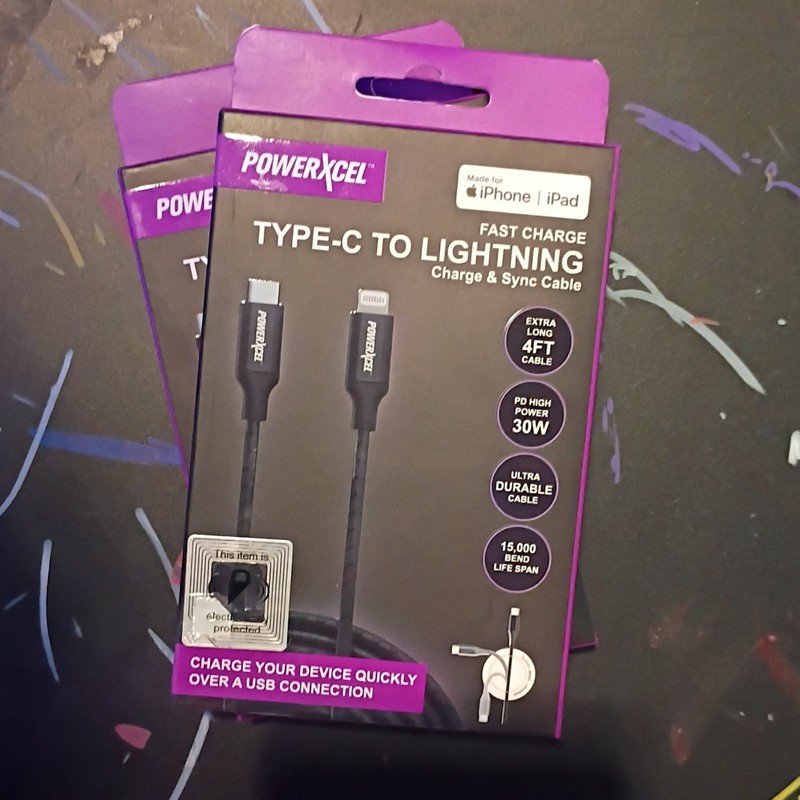 PowerXcel Type-C to Lightning 4ft PD 30W Cable Black for Apple mfi certified