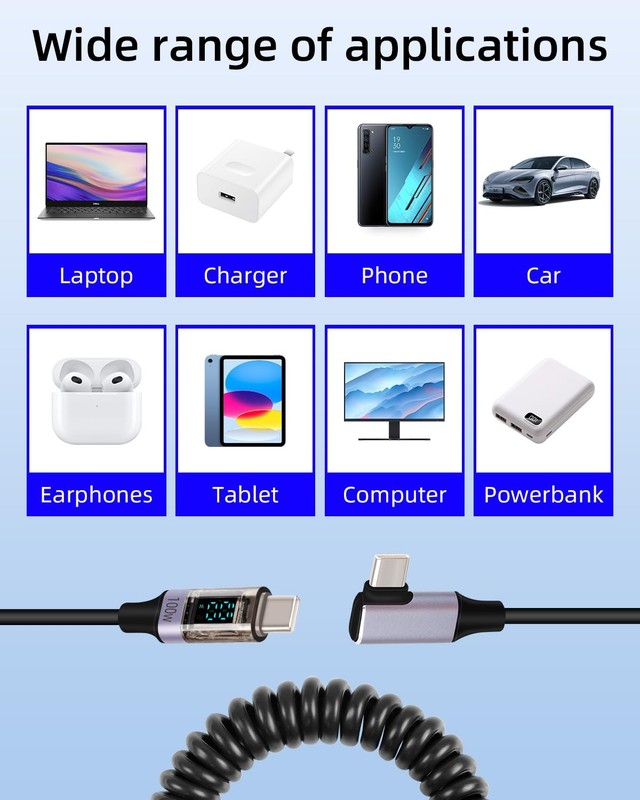 Coiled USB C To C Cable LED Display 90 Degree PD 100W Fast Charging Cord gallery