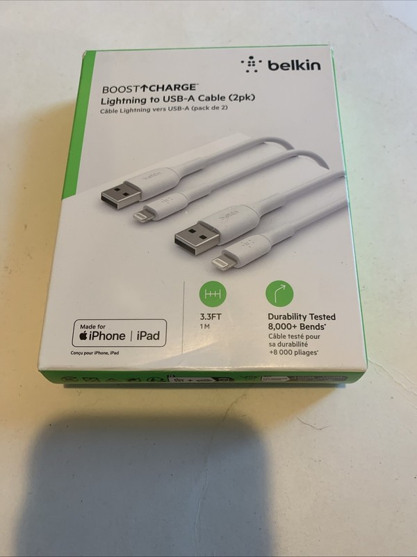 Sealed Belkin BoostCharge Lightning to USB A Cable 2 Pack MFI Certified White K2
