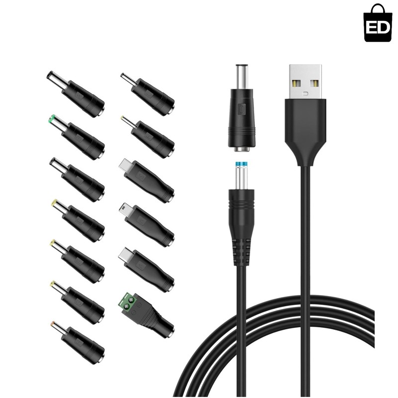 5ft USB to DC Power Cord with 13 Connectors – Compatible with Multiple Devices