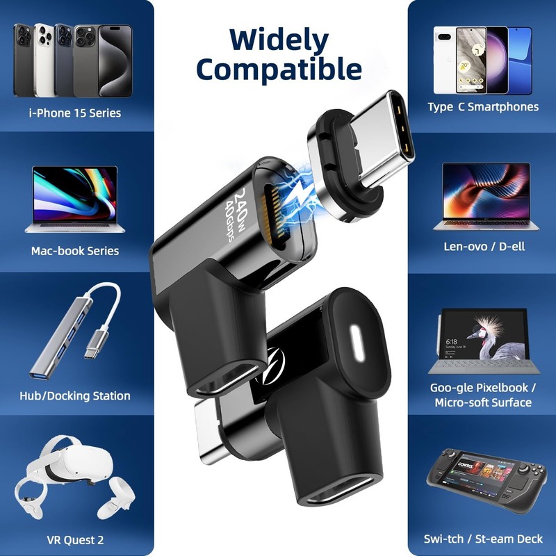 240W Magnetic USB C Adapter (2 Pack) Right Angle 24Pin, 40Gbps 8K 60Hz for Type gallery