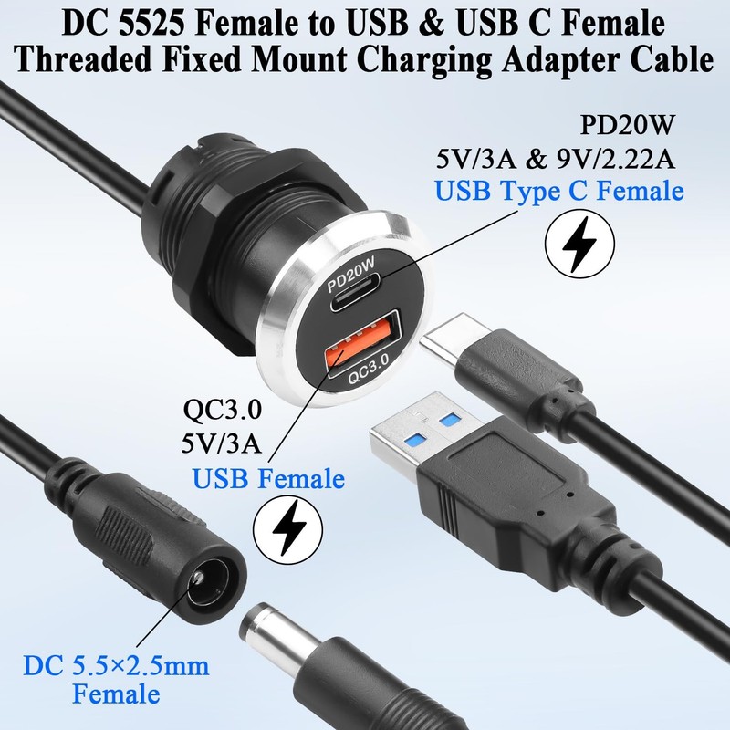 DC 5525 to USB A & USB C Desktop Flush Mount Charging Connector DC 5.5×2.5mm ... gallery