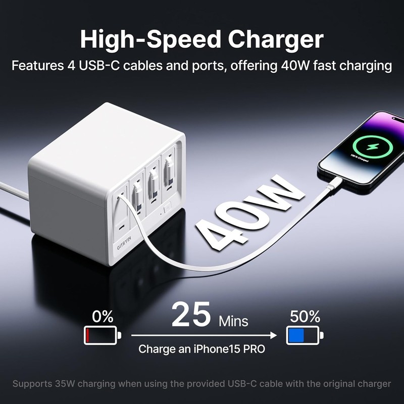 Gitryin Desktop Charging Station Retractable Cable Wall Charger AC/USB/Type-C gallery