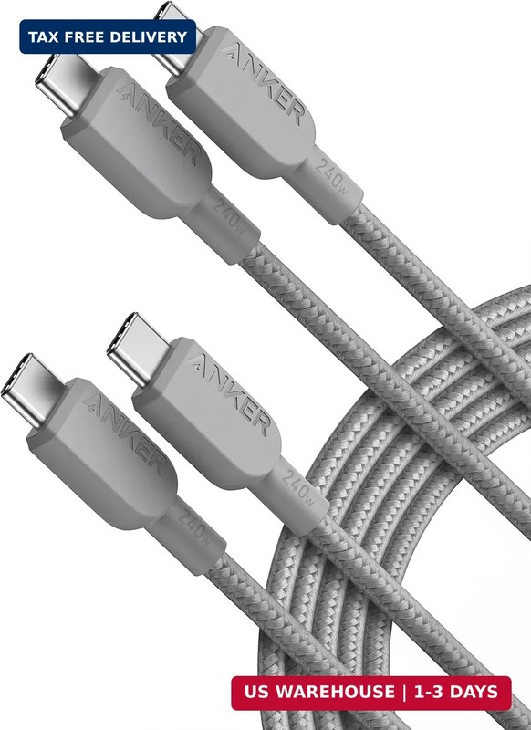 Anker USB C to USB C Cable, 240W Fast Charging Cord (2-Pack, 10 ft, Gray) | For