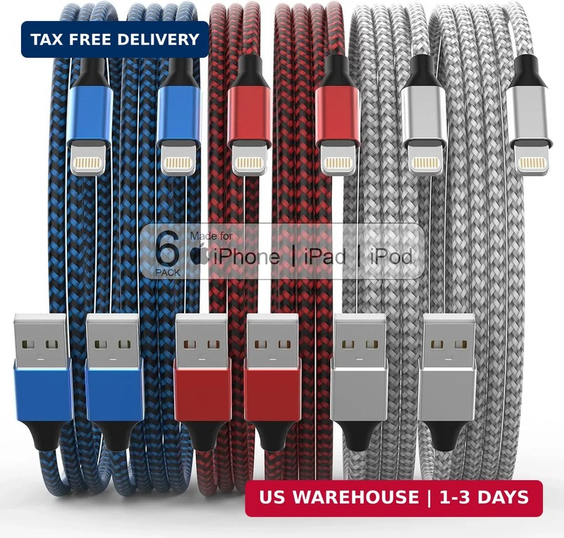 [Apple MFi Certified] 6Pack 3/3/6/6/6/10 FT iPhone Charger Nylon Braided Fast Ch