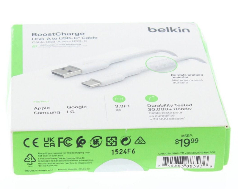 Belkin Boost Charge Charging Braided Cable USBA to USBC 3.2 Ft White gallery