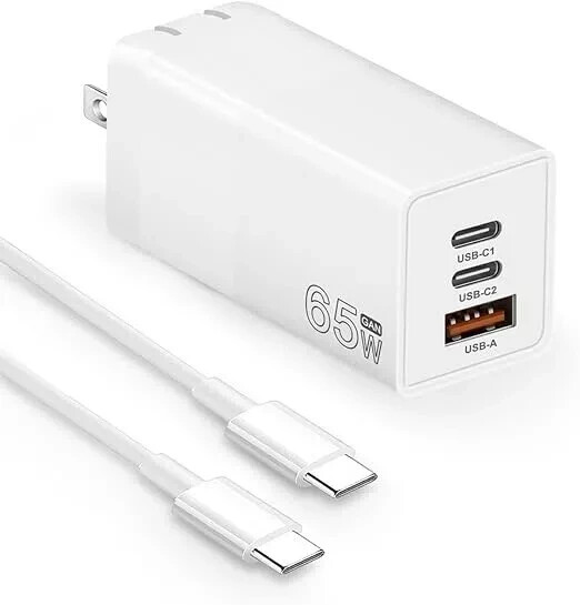 65W USB C Wall Charger GaN 3-Port Fast Compact Foldable Adapter with USB-C Cable gallery