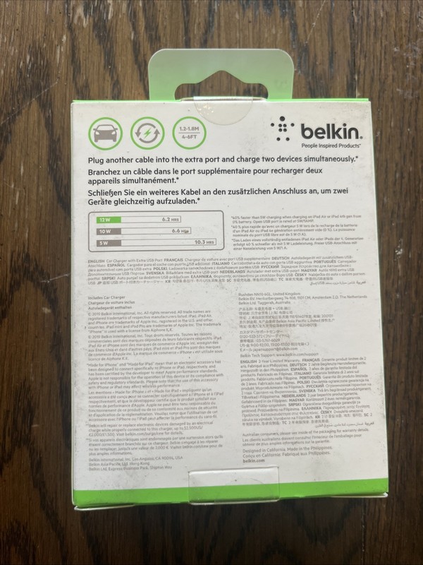 Belkin iPhone Cable Charger 17W 3.4AMP Car Charger + USB Port 1.2M/4FT Sealed gallery