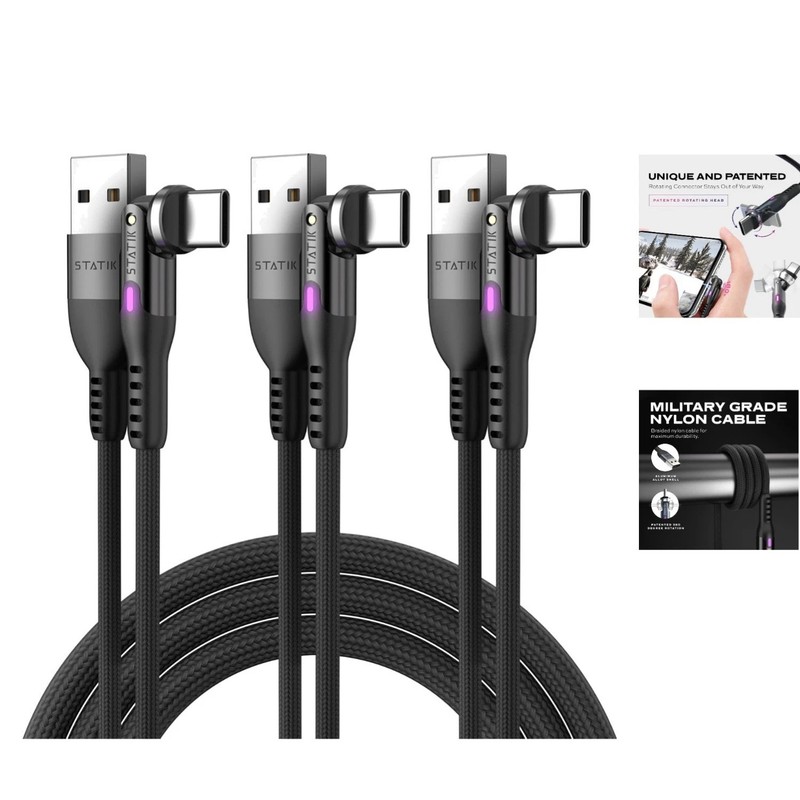 6FT PowerPivot USB C Cable – 90-Degree Design, Data Transfer, 3-Pack Convenience