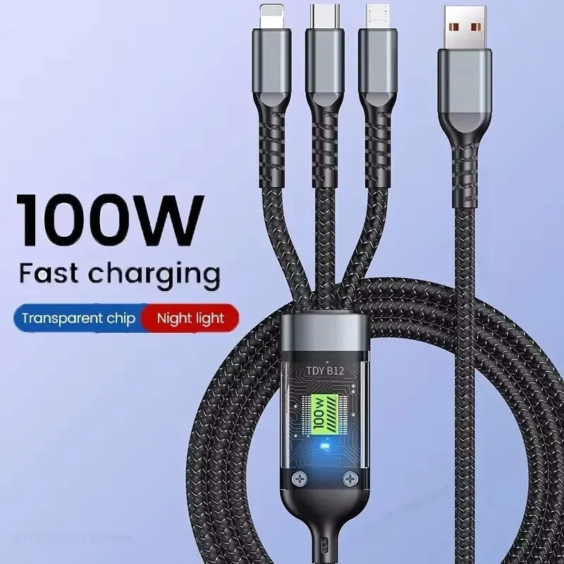 3 In 1 100W Transparent Pilot Lamp Super Fast Charging Cable Universal