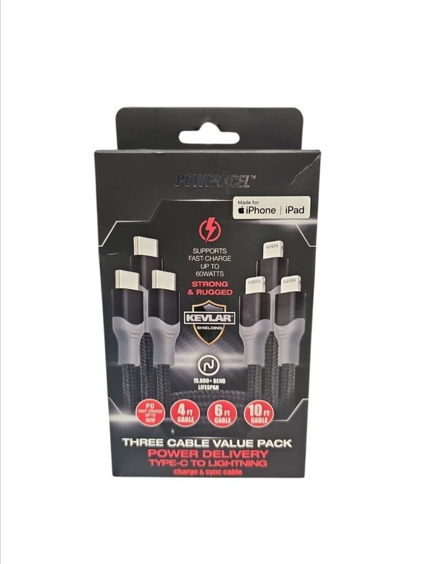 PowerXcel 3 Charge Cable Type-C to Light IPhone Ipad 4, 6, 10 Ft Fast Charge 60W
