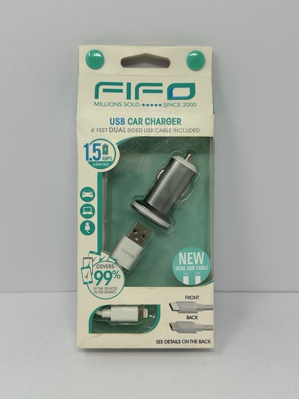 NEW!! Fifo USB Car Charger 4ft dual sided cable Metallic Android and Apple P4