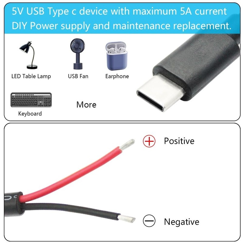 USB C to 2 Pin Bare Wire Power Cable 11in 5V 5A 20AWG 4 Pack for DIY Repair gallery