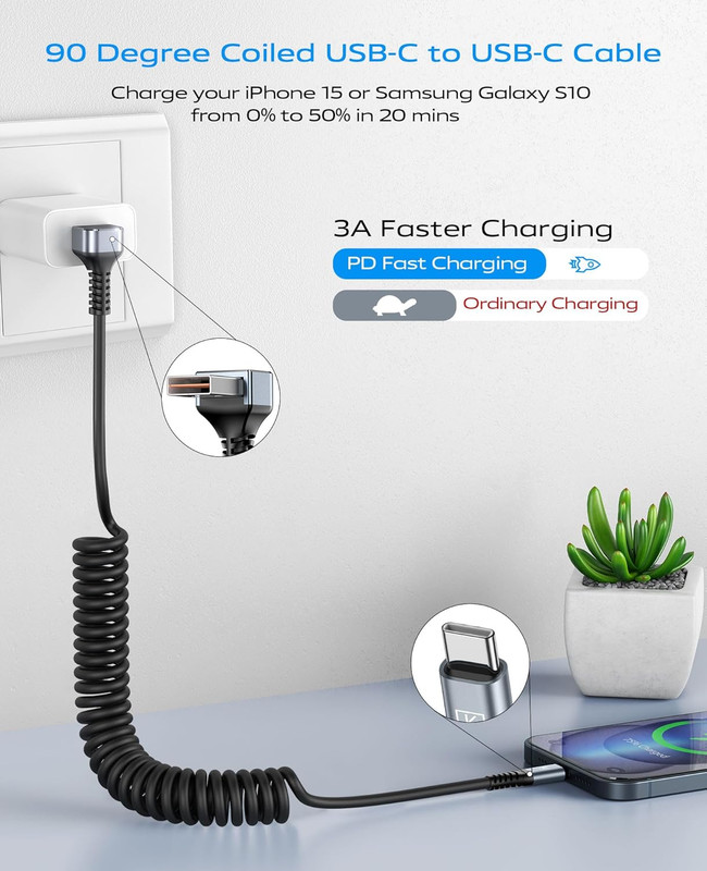 90 Degree USB a to USB C Cable, 2Pack 3Ft Coiled USB Type C Cable for Car, USB-C gallery