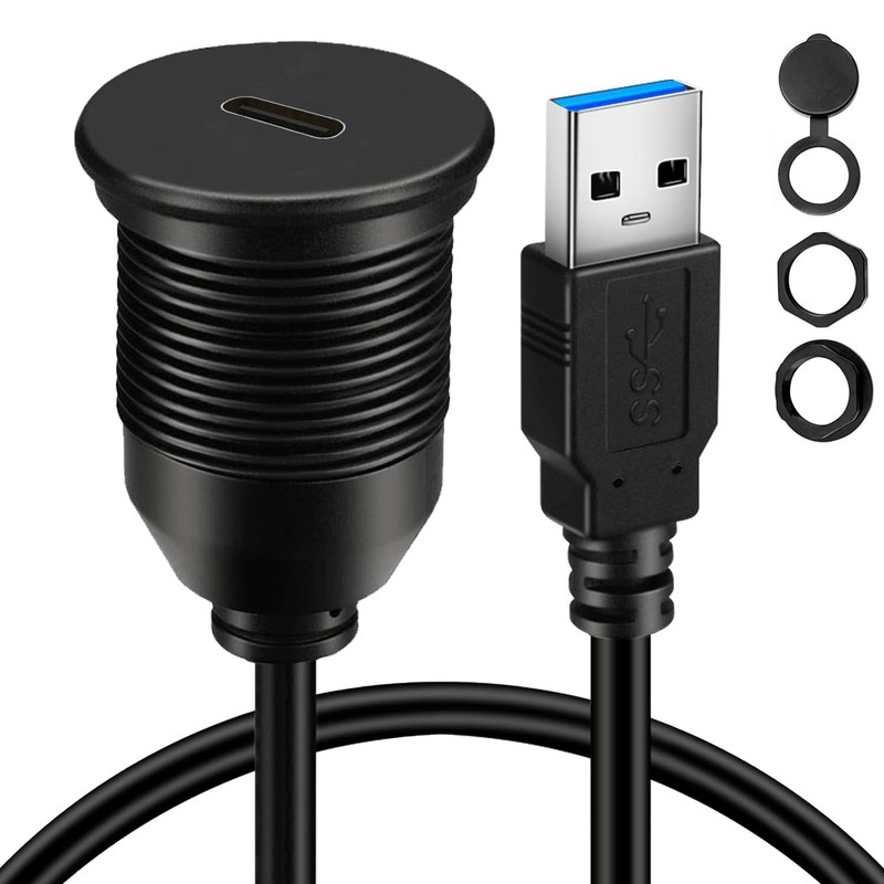 Single Port USB 3.0 Male to Type C Female Car Flush Mount Cable 3 Ft Dash