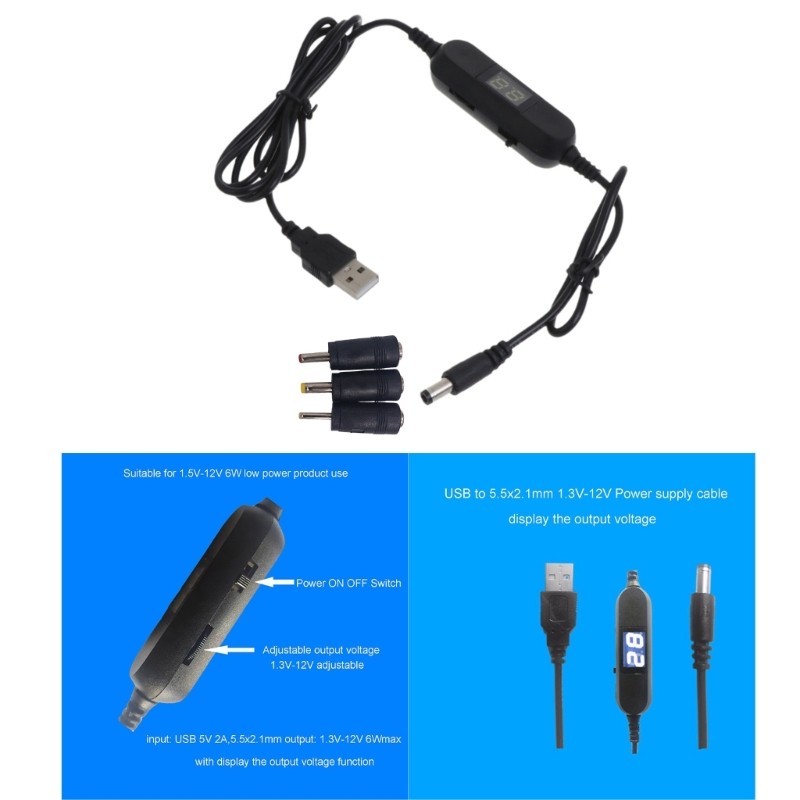 USB 5V Step Up Converters to 1.5V-12V 5.5x2.1mm Power Supply Cable w/ 3 gallery