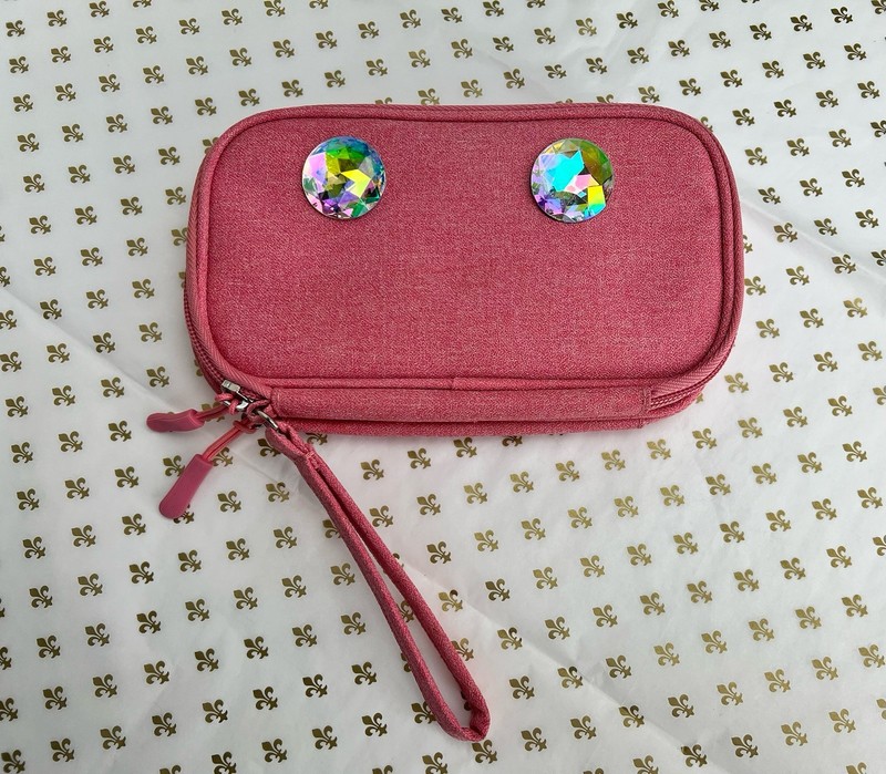 Pink Fabric Bijoux Phone & Wires Organizer Case Zip Net Storage Pockets Wristlet