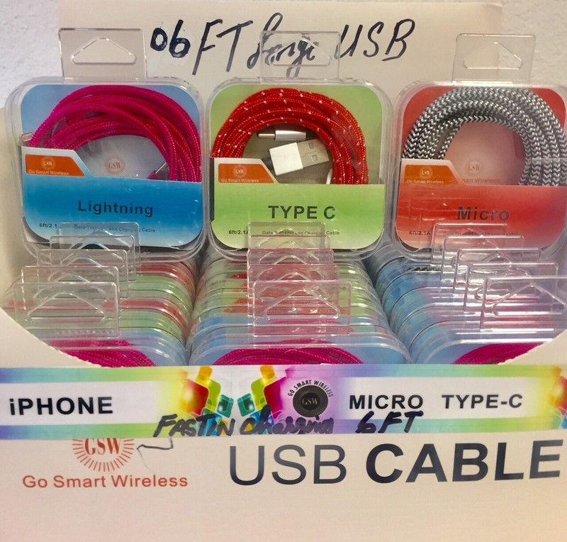 6 Ft Long USB Data Sync Charging Cable with Crystal Box Wholesale Lot