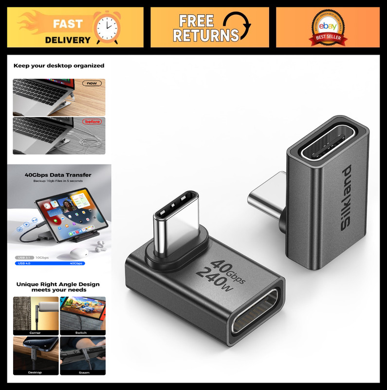 90° USB C Right Angle Adapter 2 Pack – 8K 60Hz, 240W, 40Gbps Extender for MacBoo